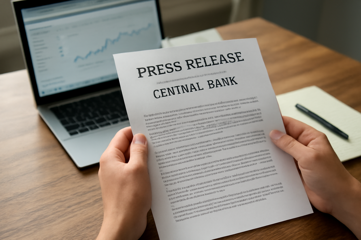 Seseorang membaca siaran pers bank sentral di atas meja dengan laptop dan catatan